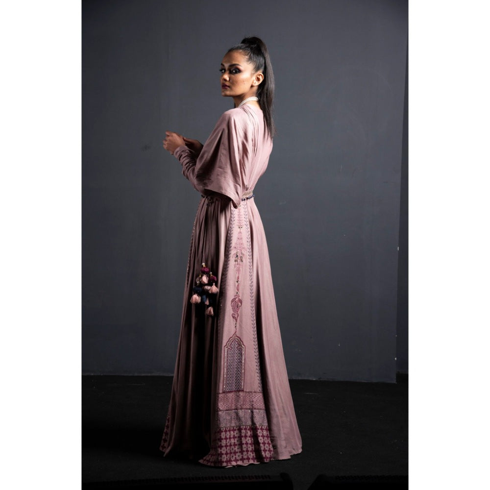 Neha Tarun Pink Gown with Attached Drape and Belt (Set of 2)