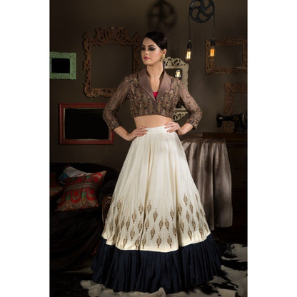 Neha Tarun Brown Colour Block Lehenga with Blouse (Set of 2)