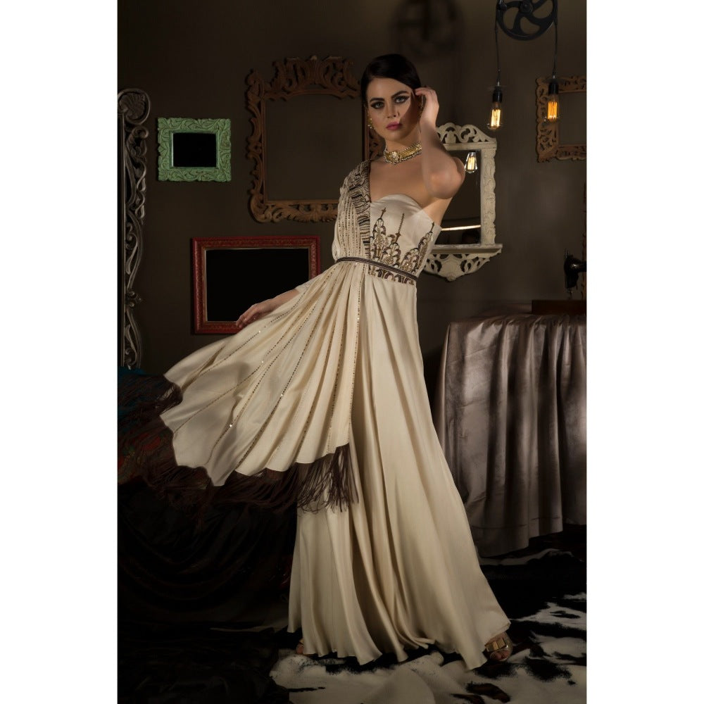 Neha Tarun Ivory Single Shoulder Gown with Attached Draped and Belt (Set of 2)