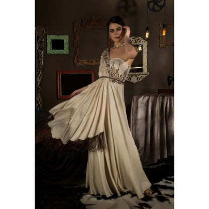Neha Tarun Ivory Single Shoulder Gown with Attached Draped and Belt (Set of 2)
