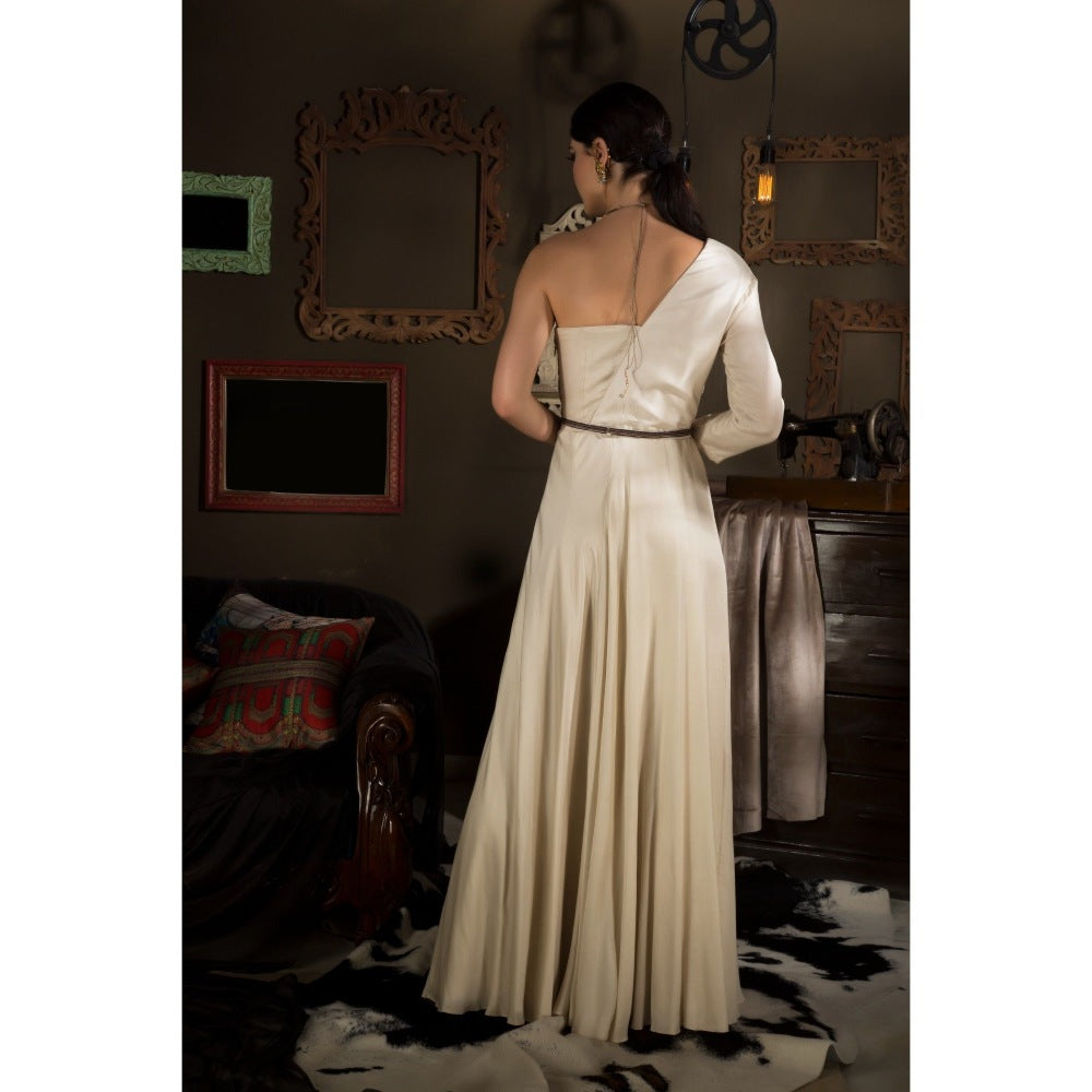 Neha Tarun Ivory Single Shoulder Gown with Attached Draped and Belt (Set of 2)