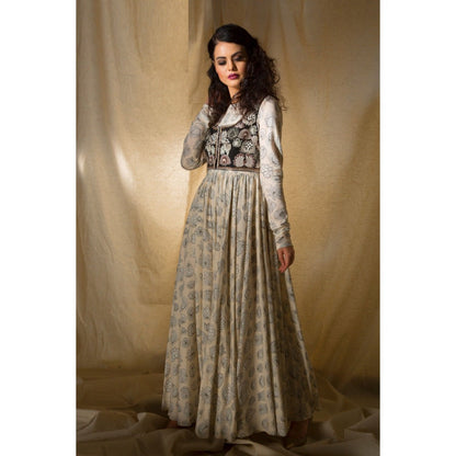 Neha Tarun Off White Printed Anarkali with Embroidered Short Jacket and Pant (Set of 3)