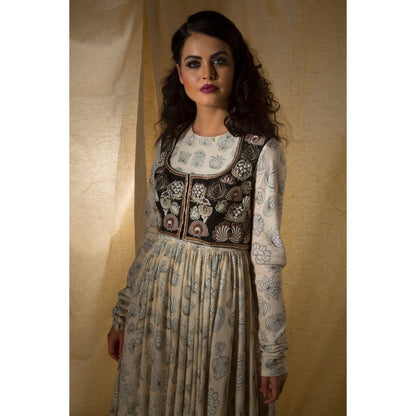 Neha Tarun Off White Printed Anarkali with Embroidered Short Jacket and Pant (Set of 3)