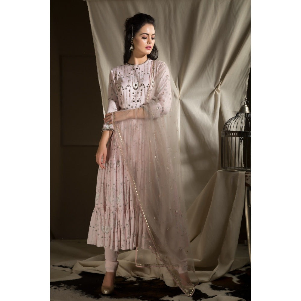 Neha Tarun Pink Printed Anarkali with Churidar and Embroidered Dupatta (Set of 3)