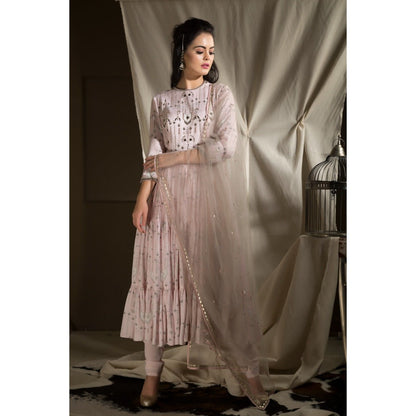 Neha Tarun Pink Printed Anarkali with Churidar and Embroidered Dupatta (Set of 3)
