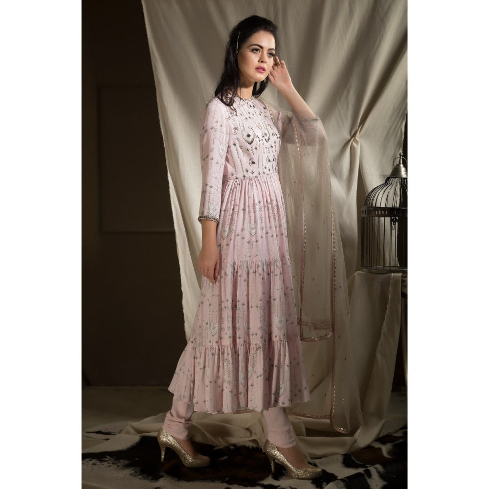 Neha Tarun Pink Printed Anarkali with Churidar and Embroidered Dupatta (Set of 3)