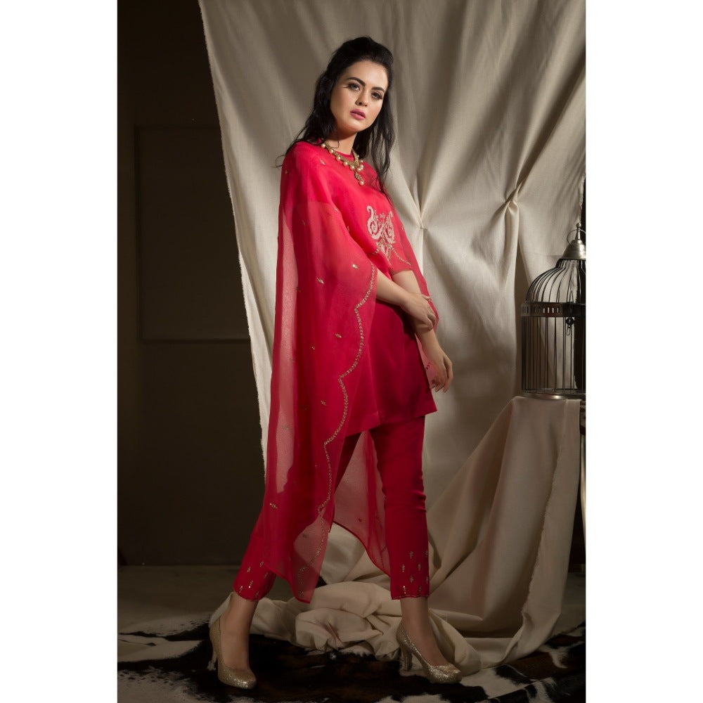 Neha Tarun Red Short Kurta with Cape and Pant (Set of 3)