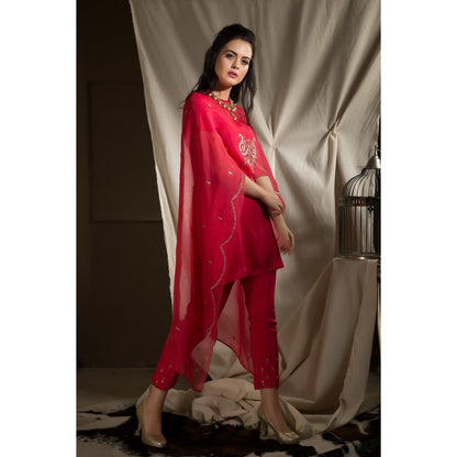 Neha Tarun Red Short Kurta with Cape and Pant (Set of 3)