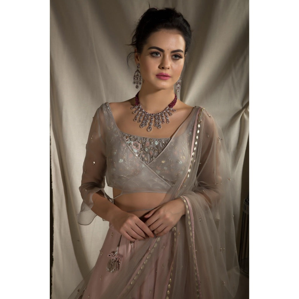 Neha Tarun Grey Lehenga with Jacket and Blouse and Dupatta (Set of 4)