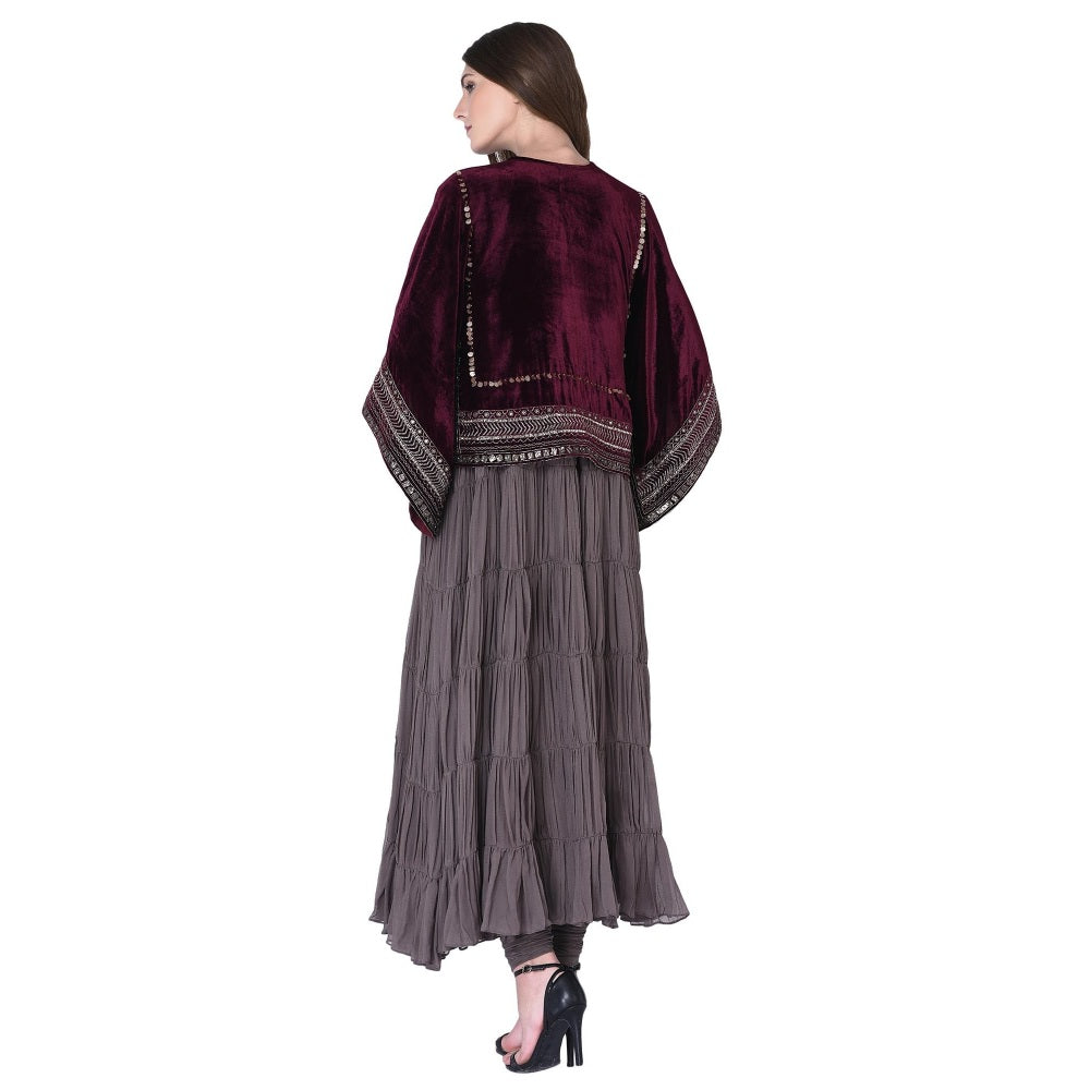 Neha Tarun Grey Anarkali Kurta with Embroidered Kaftan Style Cape and Churidar (Set of 3)