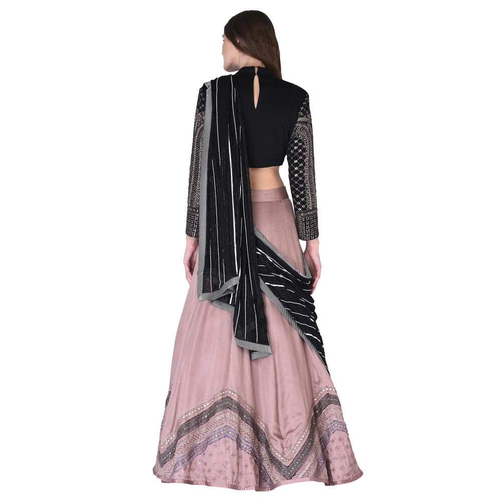 Neha Tarun Embroidered Blouse & Lehenga with Black Dupatta (Set of 3)