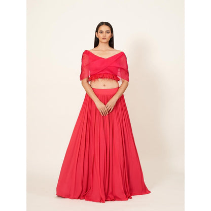 Neha Tarun Off Shoulder Layered Blouse with Skirt (Set of 2)