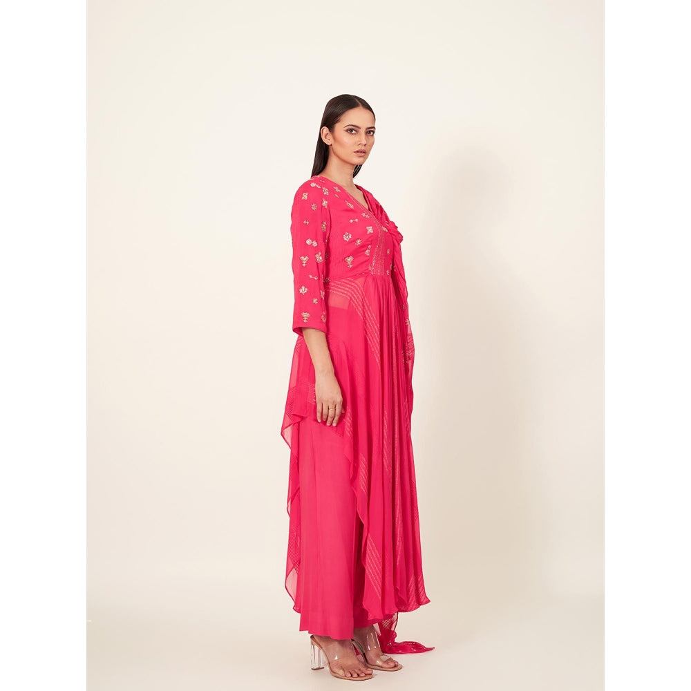 Neha Tarun Pink Embroidered Kurta with Attached Pallu and Pant (Set of 2)