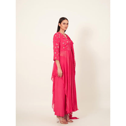 Neha Tarun Pink Embroidered Kurta with Attached Pallu and Pant (Set of 2)