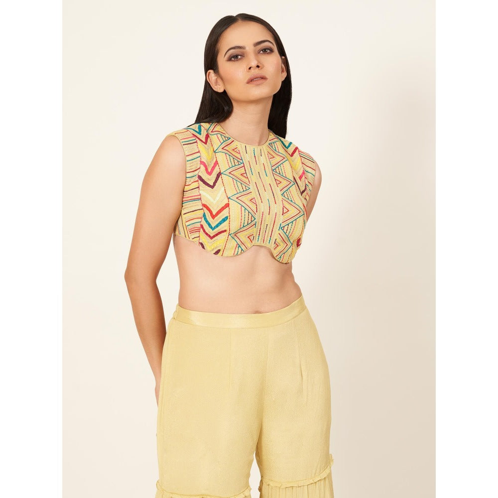 Neha Tarun Yellow Embroidered Micro Blouse with Gharara Pants (Set of 2)