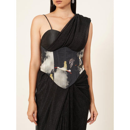 Neha Tarun Black Shimmered Saree with Stitched Blouse and Corset Belt