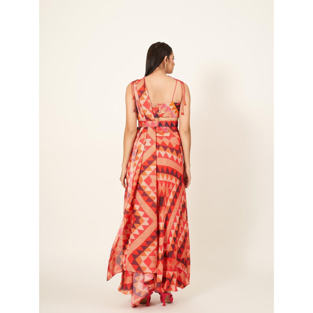 Neha Tarun Printed Slit Stitch Saree with Sequenced Strap Blouse and Sequenced Belt