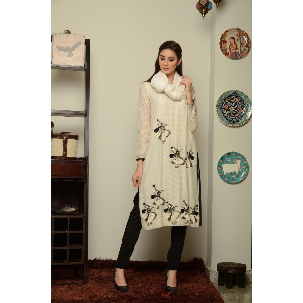 Neha Tarun Ivory Mughal Embroidery Embellished Kurta with Churidar and Dupatta (Set of 3)