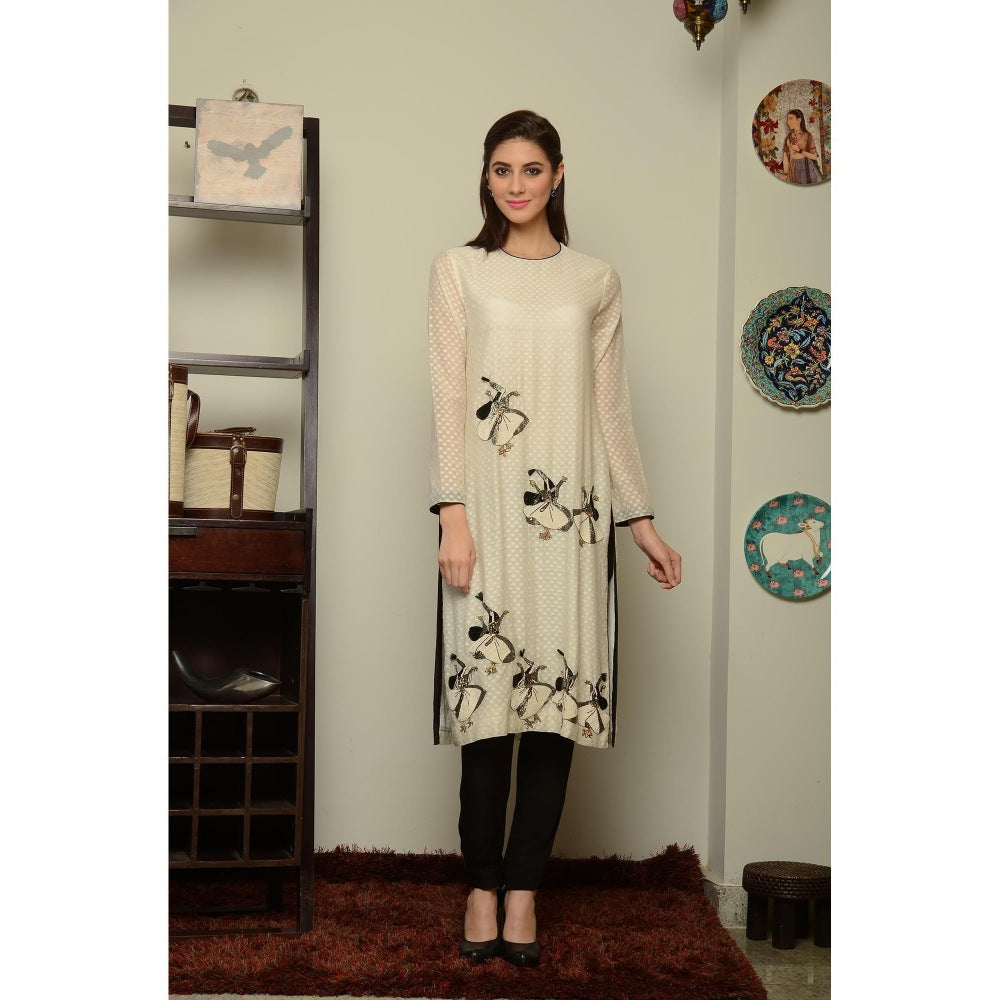 Neha Tarun Ivory Mughal Embroidery Embellished Kurta with Churidar and Dupatta (Set of 3)