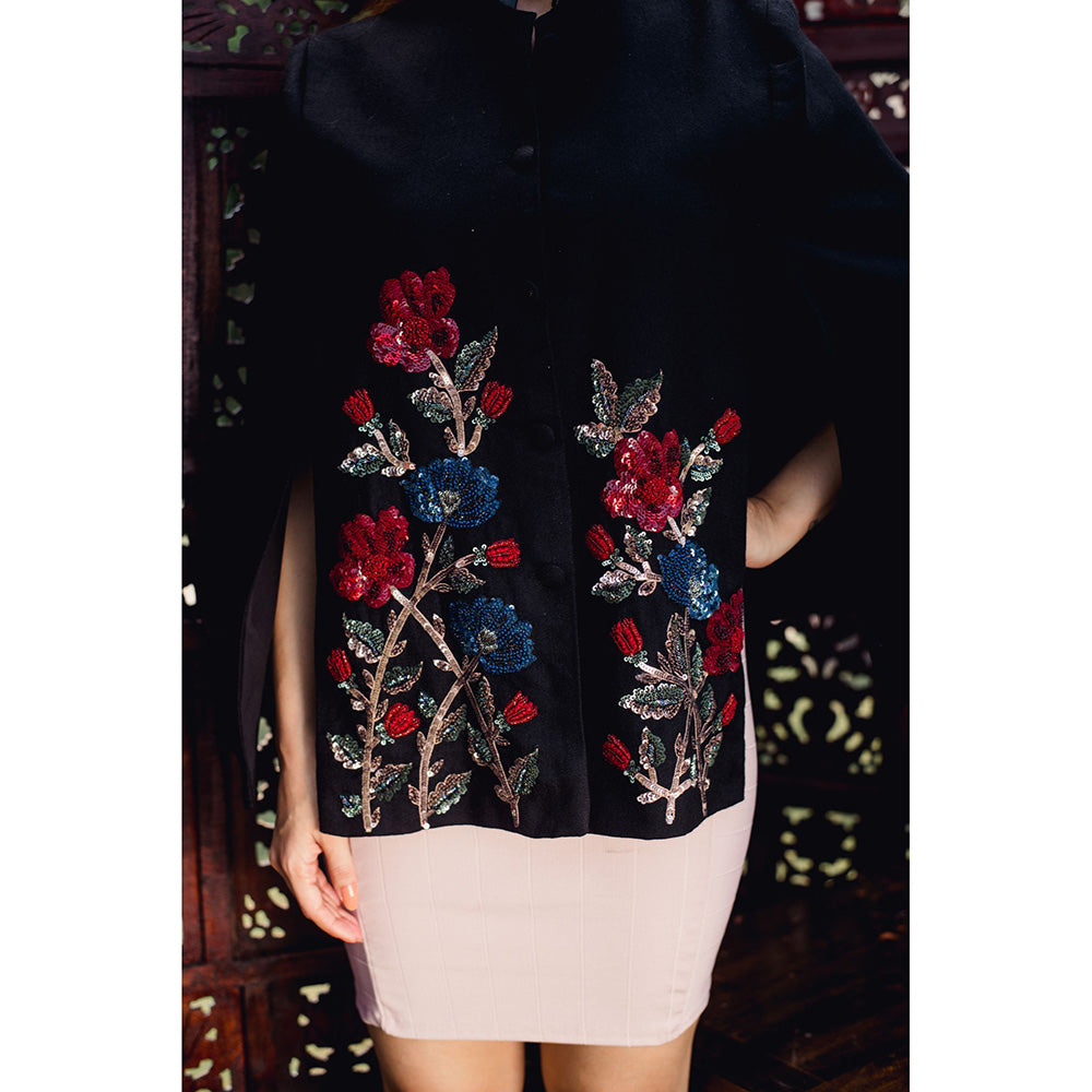 NEIZA Black with Red and Navy Embroidery Cape