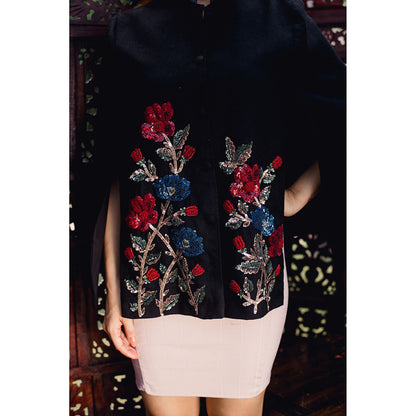 NEIZA Black with Red and Navy Embroidery Cape