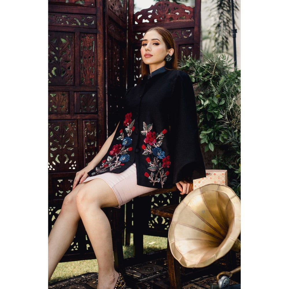 NEIZA Black with Red and Navy Embroidery Cape