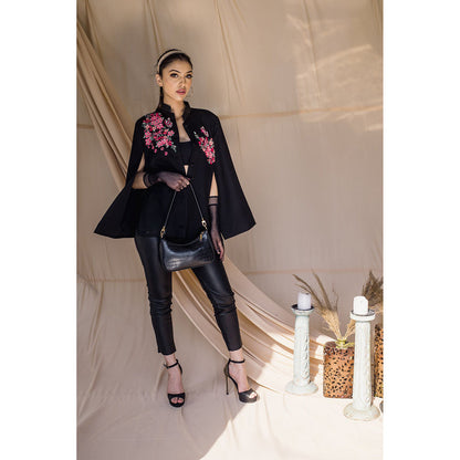 NEIZA Black with Neon Fuchsia Butterfly Embroidery Cape