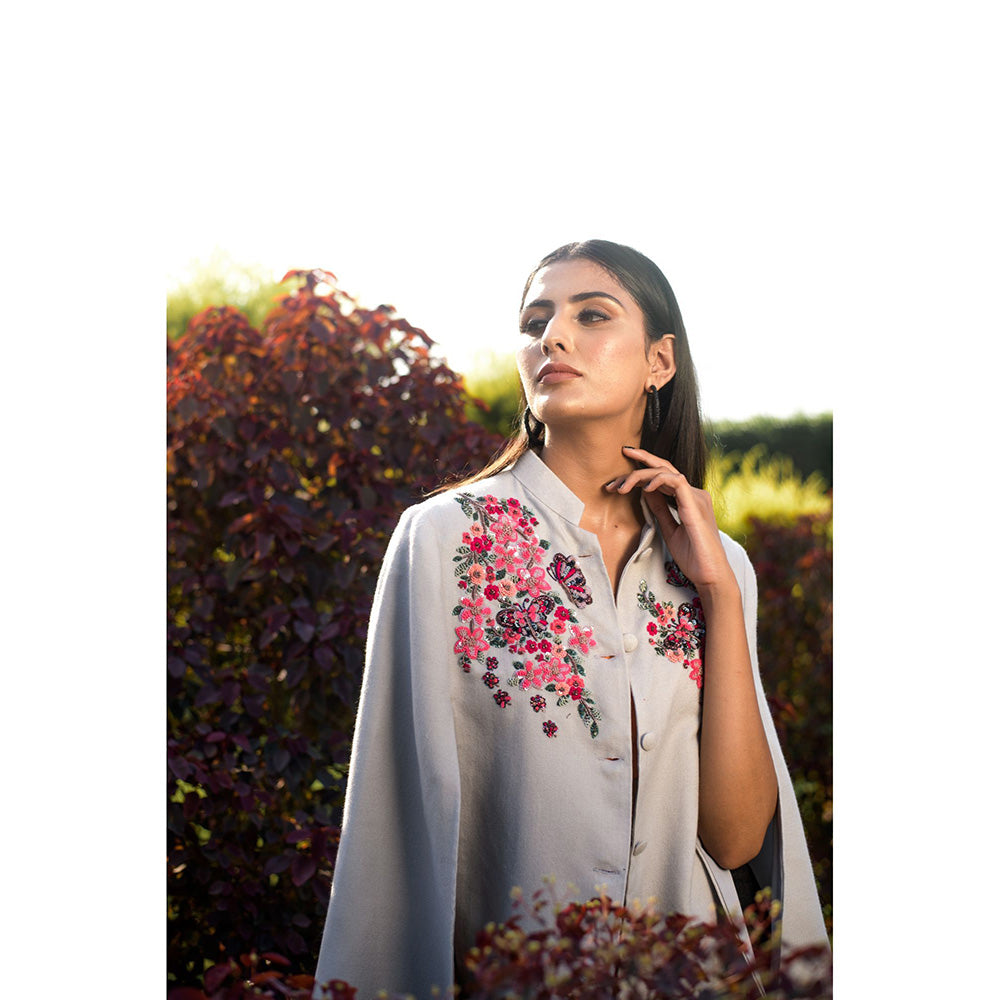 NEIZA Grey with Neon Fuchsia Butterfly Embroidery Cape