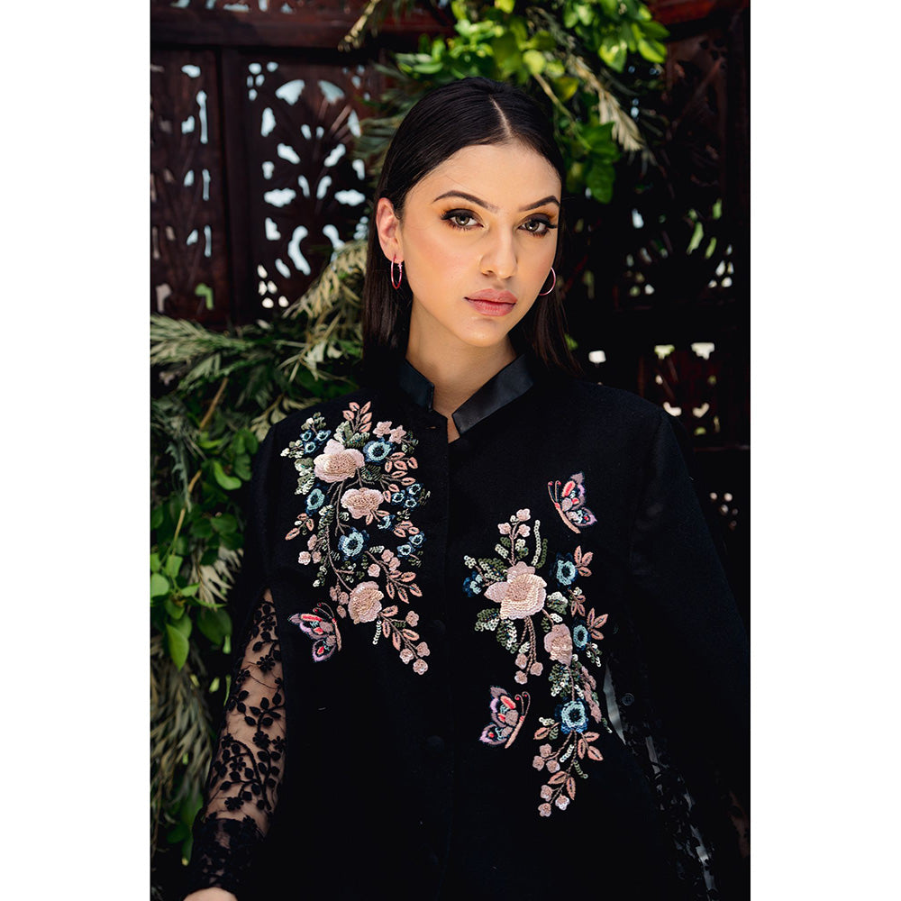 NEIZA Black with Navy and Pink Embroidery Cape