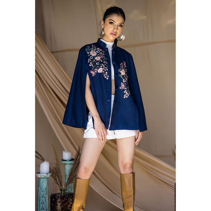 NEIZA Sky Blue with Navy and Pink Embroidery Cape