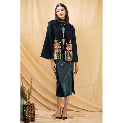 NEIZA Black with Peach and Blue Embroidery Cape