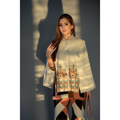 NEIZA Grey cape with peach and blue embroidery