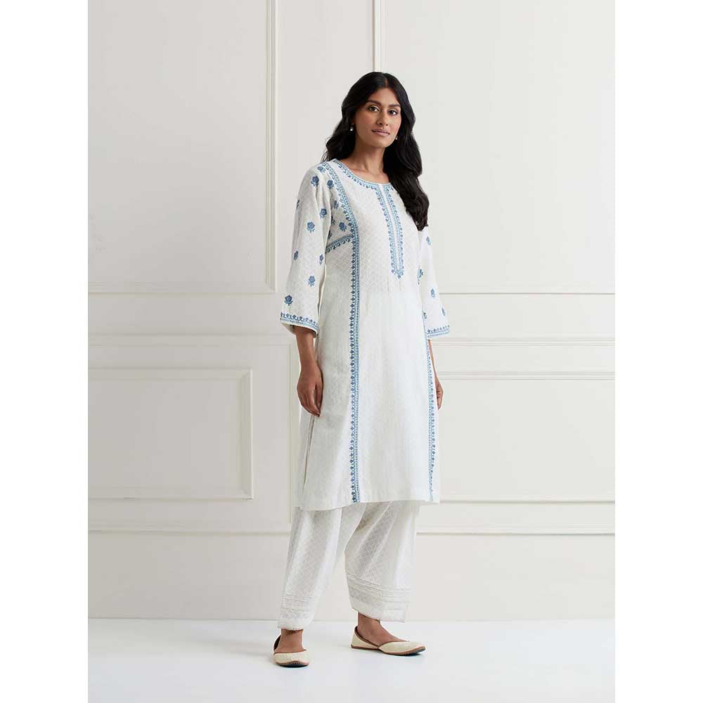 NEMAANI Off White Embroidered Aline Kurta with Salwar Pant (Set of 2)