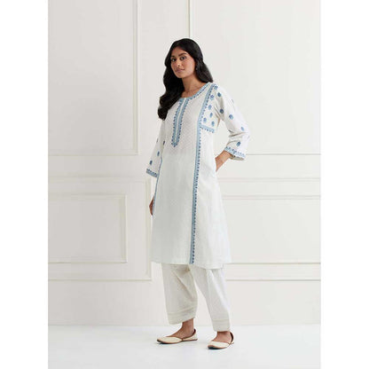 NEMAANI Off White Embroidered Aline Kurta with Salwar Pant (Set of 2)