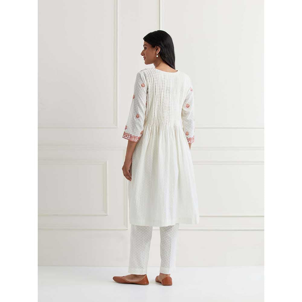 NEMAANI Off White Embroidered Cotton Anarkali Kurta with Pant (Set of 2)