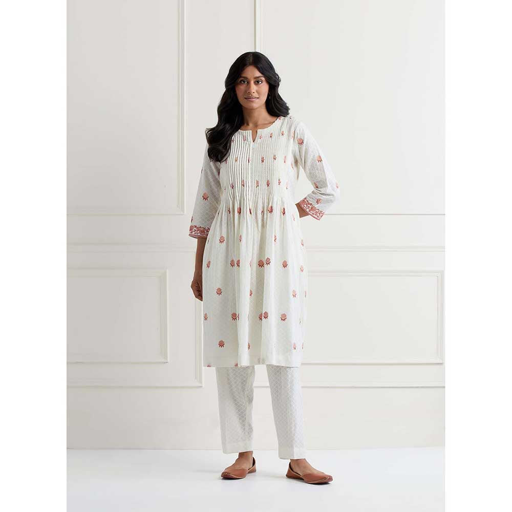 NEMAANI Off White Embroidered Cotton Anarkali Kurta with Pant (Set of 2)
