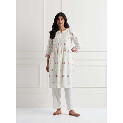 NEMAANI Off White Embroidered Cotton Anarkali Kurta with Pant (Set of 2)