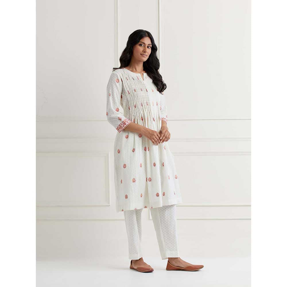 NEMAANI Off White Embroidered Cotton Anarkali Kurta with Pant (Set of 2)