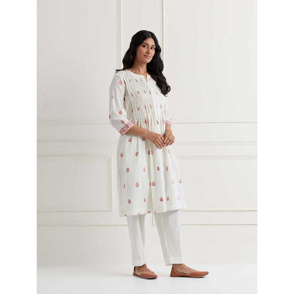 NEMAANI Off White Embroidered Cotton Anarkali Kurta with Pant (Set of 2)