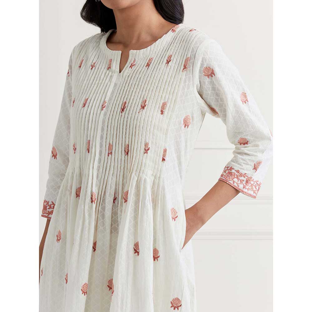 NEMAANI Off White Embroidered Cotton Anarkali Kurta with Pant (Set of 2)