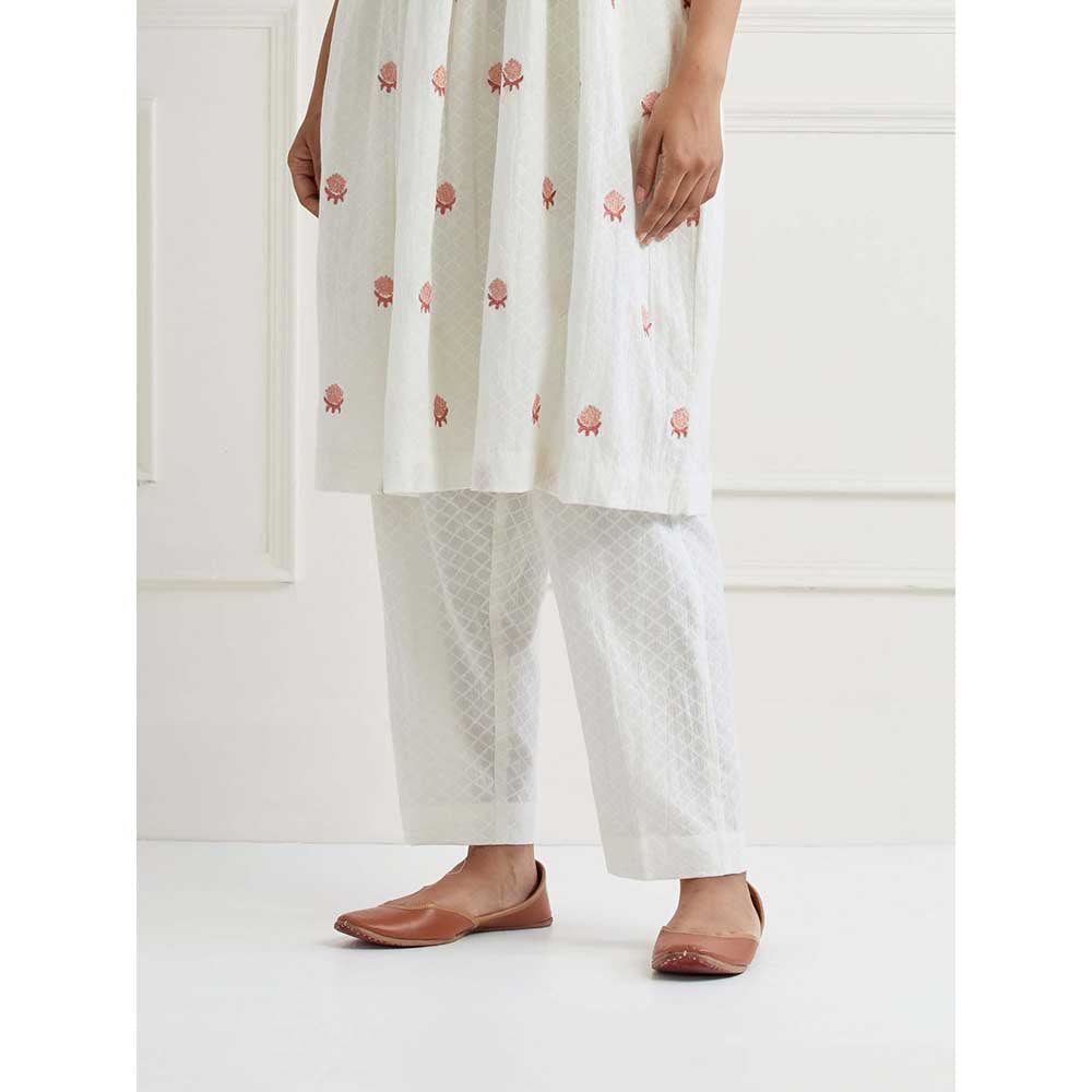 NEMAANI Off White Embroidered Cotton Anarkali Kurta with Pant (Set of 2)