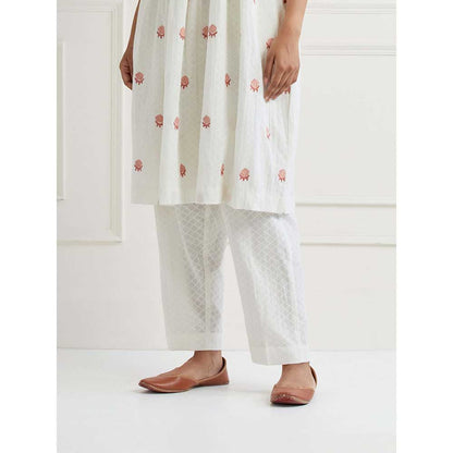 NEMAANI Off White Embroidered Cotton Anarkali Kurta with Pant (Set of 2)