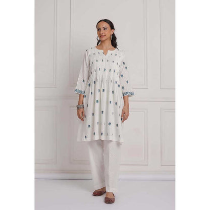 NEMAANI Off White Embroidered Cotton Anarkali Kurta with Pant (Set of 2)