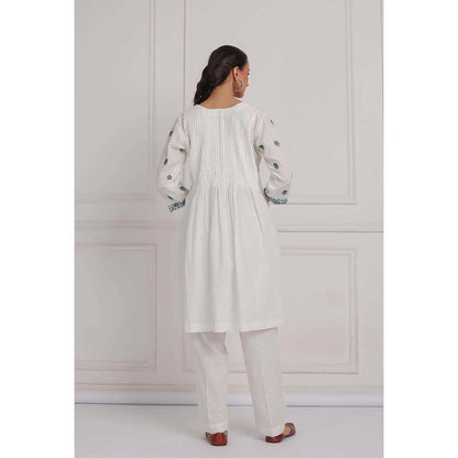 NEMAANI Off White Embroidered Cotton Anarkali Kurta with Pant (Set of 2)