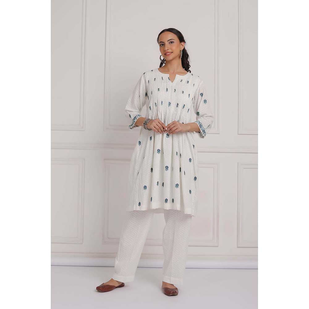 NEMAANI Off White Embroidered Cotton Anarkali Kurta with Pant (Set of 2)