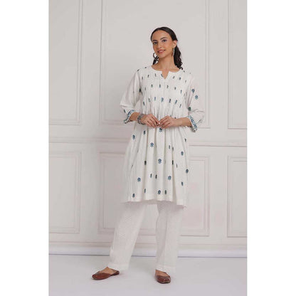 NEMAANI Off White Embroidered Cotton Anarkali Kurta with Pant (Set of 2)