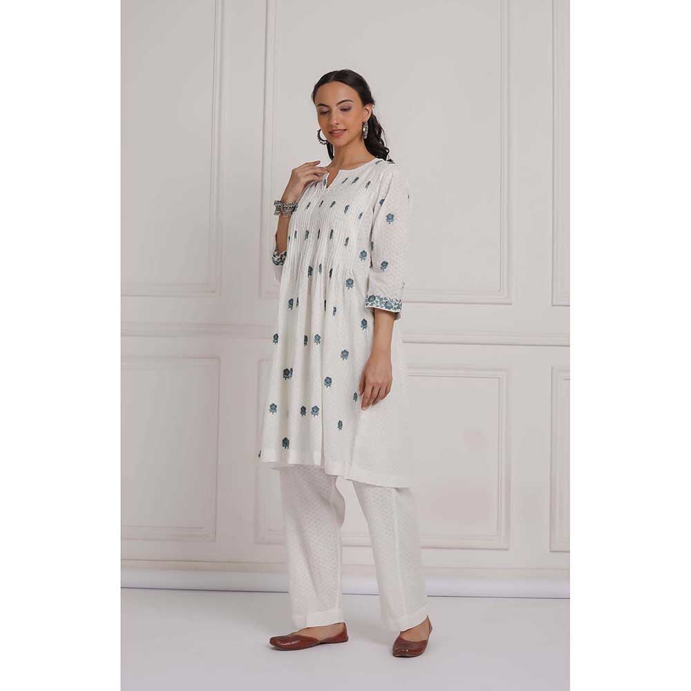 NEMAANI Off White Embroidered Cotton Anarkali Kurta with Pant (Set of 2)