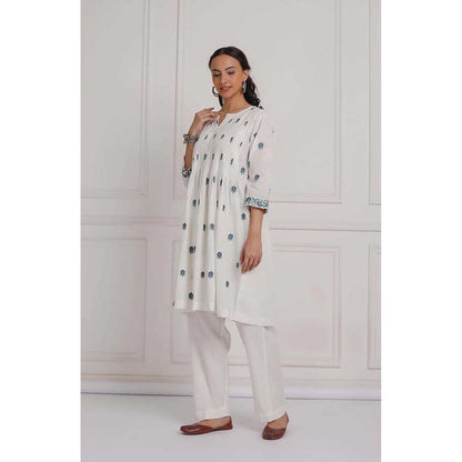 NEMAANI Off White Embroidered Cotton Anarkali Kurta with Pant (Set of 2)