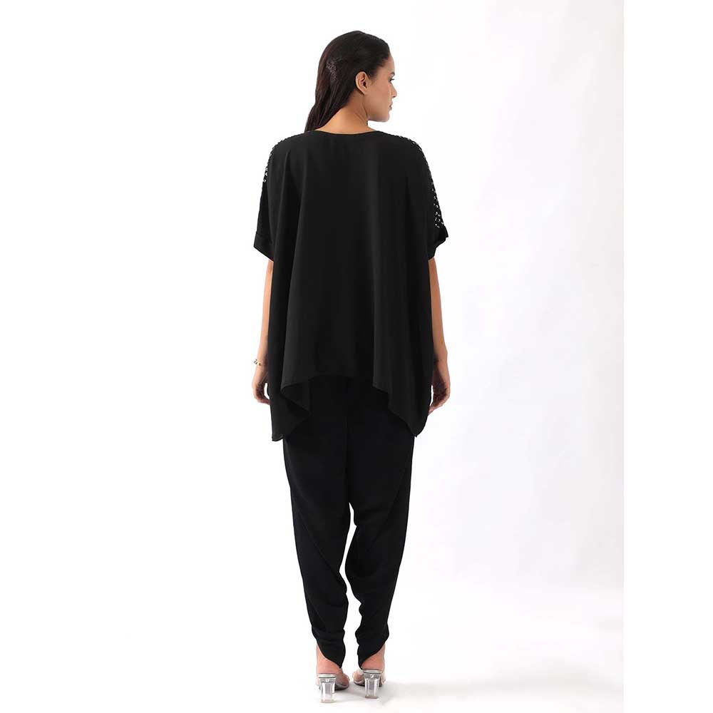 NEMAANI Black Shoulder Embroidered Top With Dhoti Pant (Set of 2)