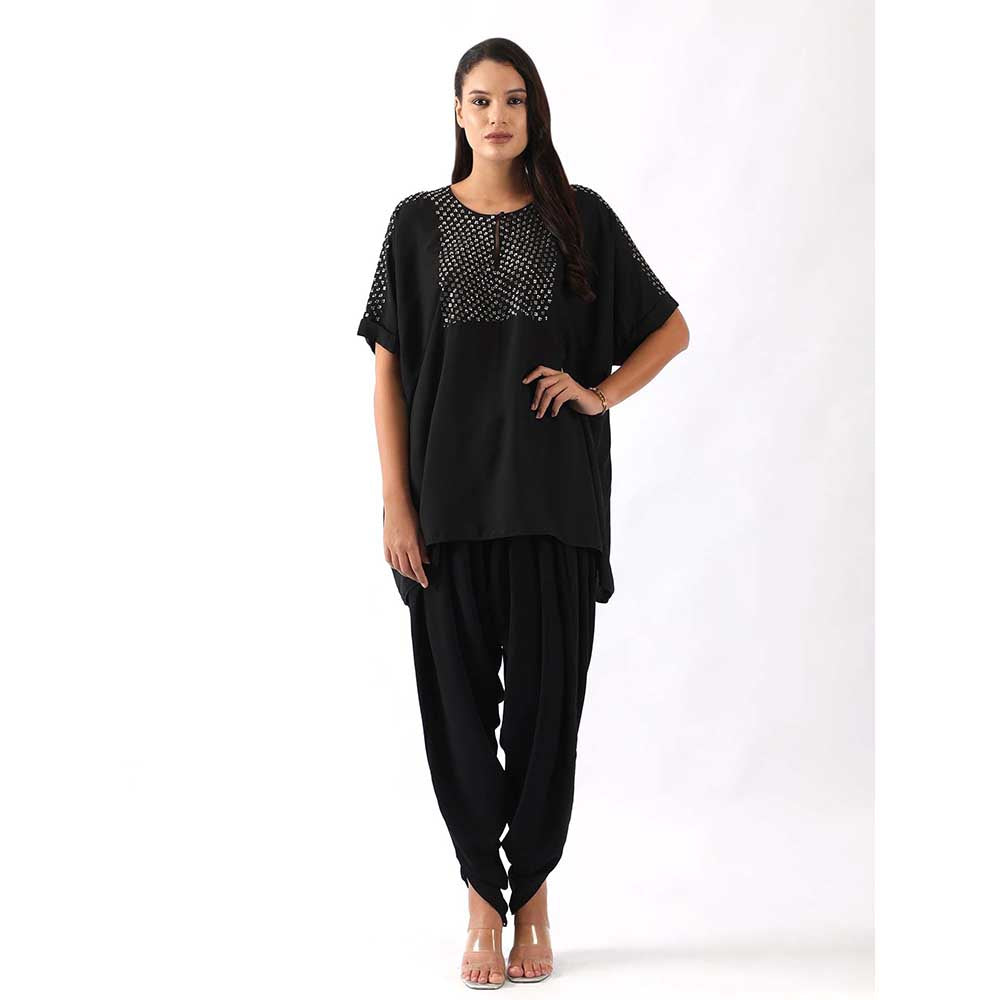 NEMAANI Black Shoulder Embroidered Top With Dhoti Pant (Set of 2)